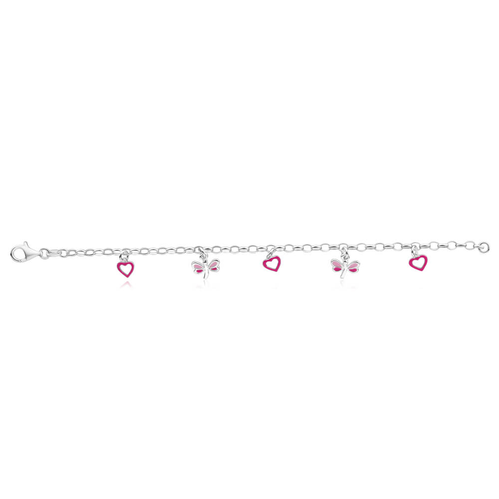 Sterling Silver Heart and Dragonfly Pink Enamel 16cm Bracelet