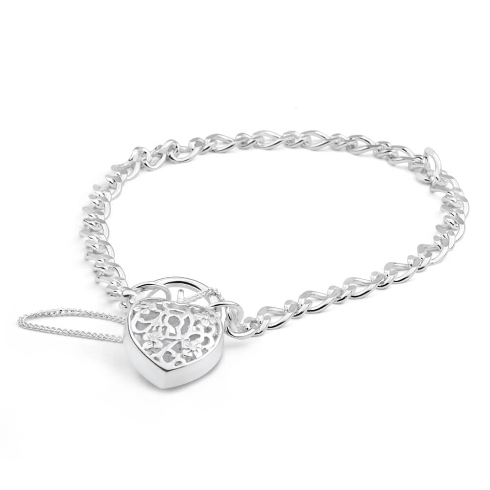 Sterling Silver Filigree Heart Figaro Padlock Bracelet Grahams Jewellers