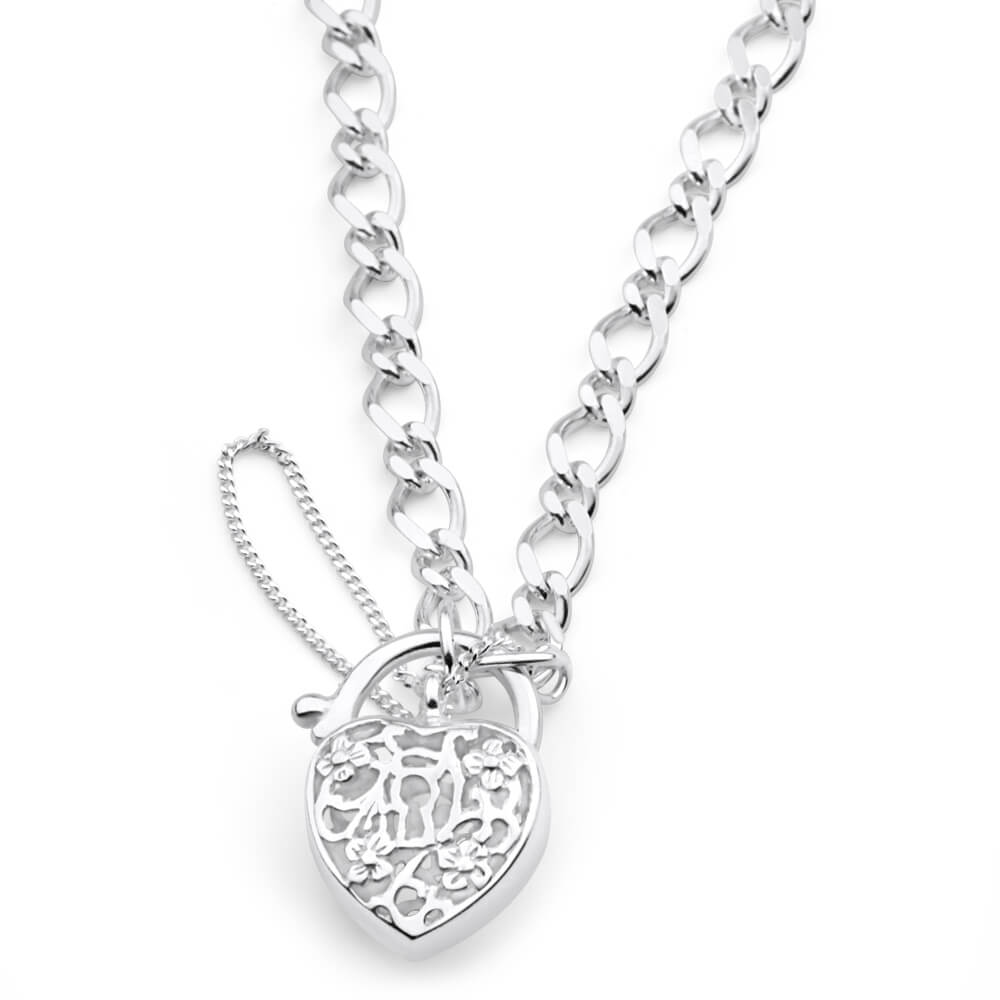 Sterling Silver Filigree Heart Figaro Padlock Bracelet