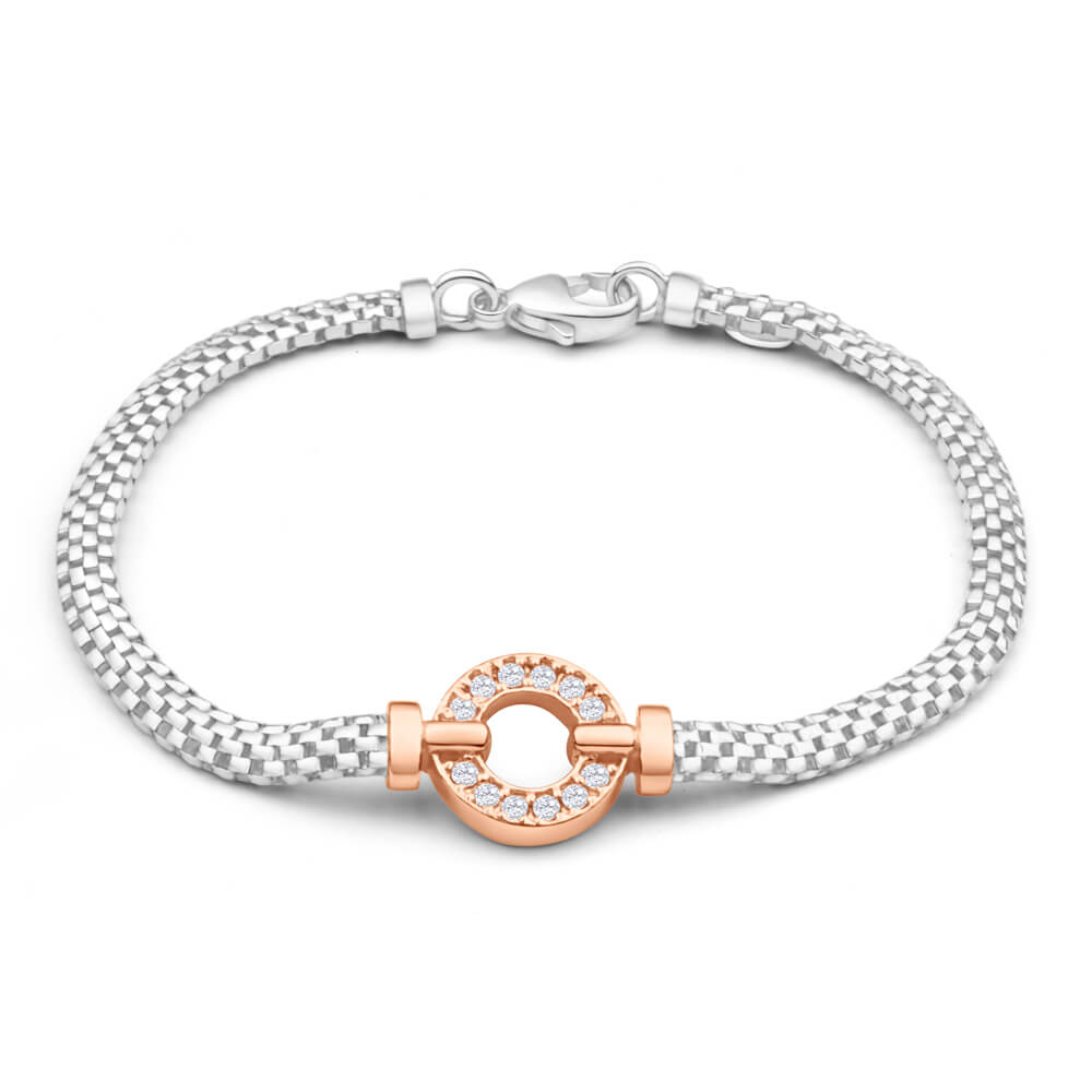 Sterling Silver Rhodium and Rose Gold Plated Cubic Zirconia Bracelet