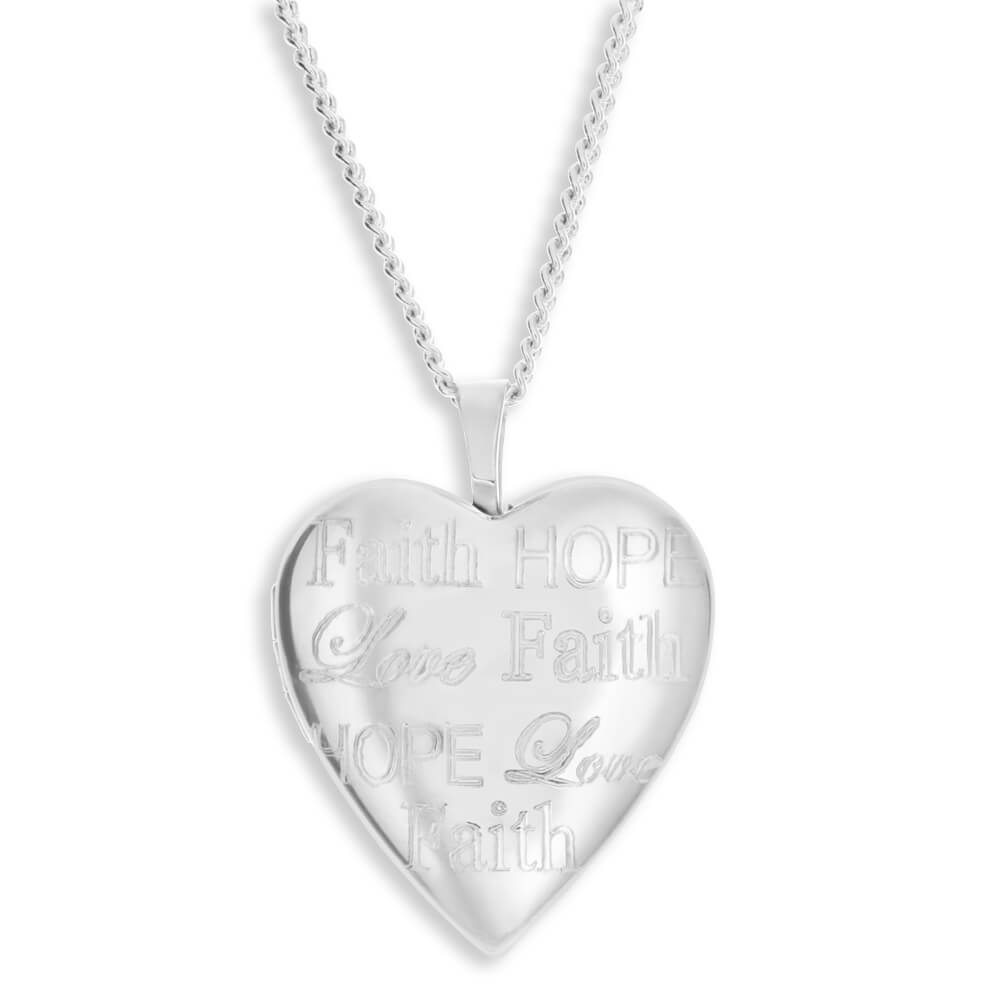 Sterling Silver Heart Shape "Faith Hope Love" Engraved Locket