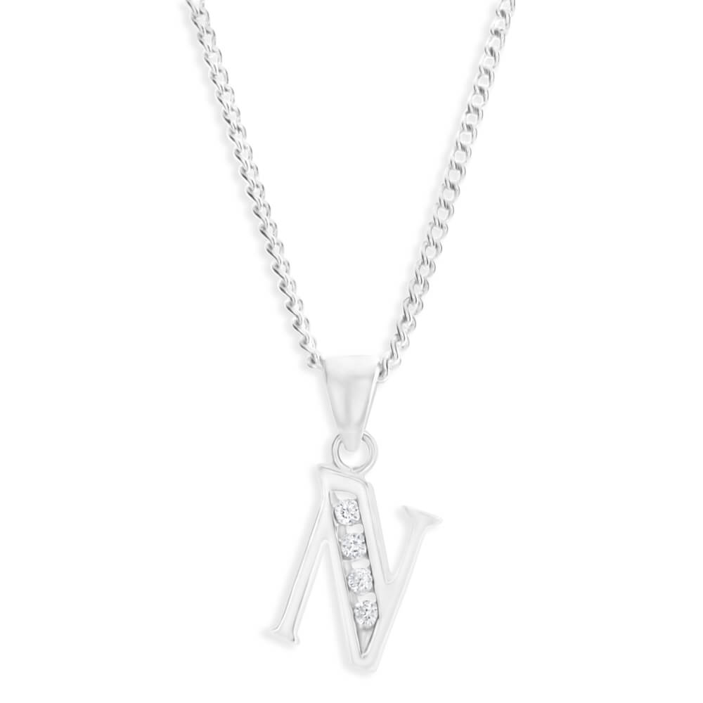 Sterling Silver Cubic Zirconia  Initial "N" Pendant