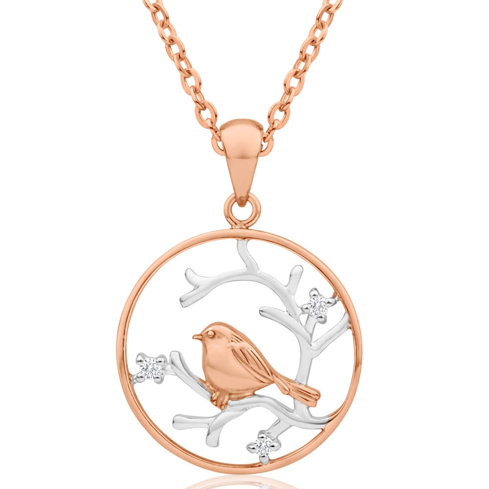 Sterling Silver Rose Gold Plated Cubic Zirconia Robin & Branch Circle Pendant