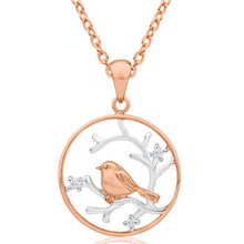 Load image into Gallery viewer, Sterling Silver Rose Gold Plated Cubic Zirconia Robin &amp; Branch Circle Pendant