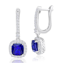 Load image into Gallery viewer, Sterling Silver Rhodium Plated Created Sapphire + Cubic Zirconia Drop Earrings