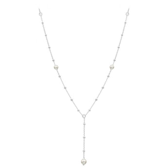 Sterling Silver Ball Link Simulated Pearl + Zirconia Y Chain