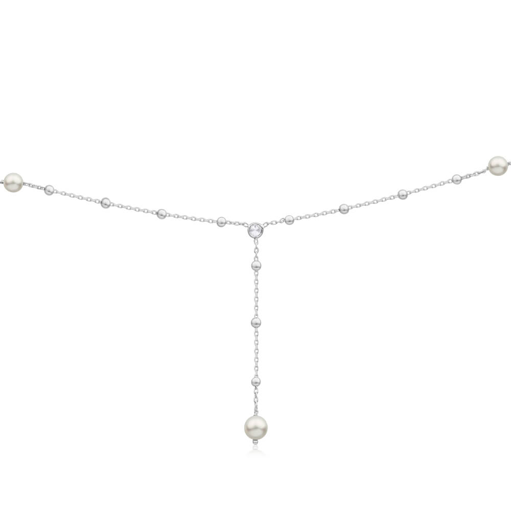 Sterling Silver Ball Link Simulated Pearl + Zirconia Y Chain