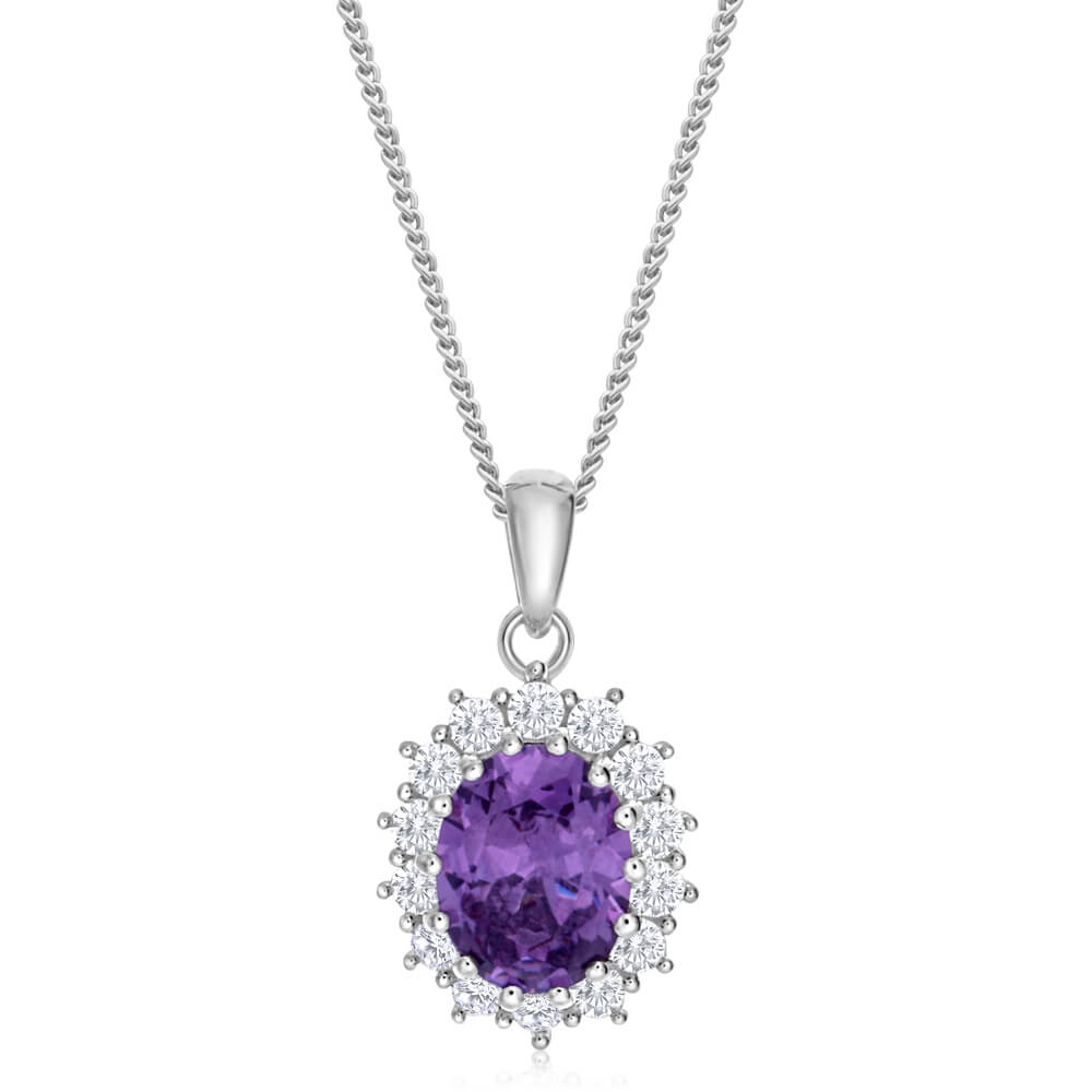 Sterling Silver Oval Cut Purple and White Halo Cubic Zirconia Pendant