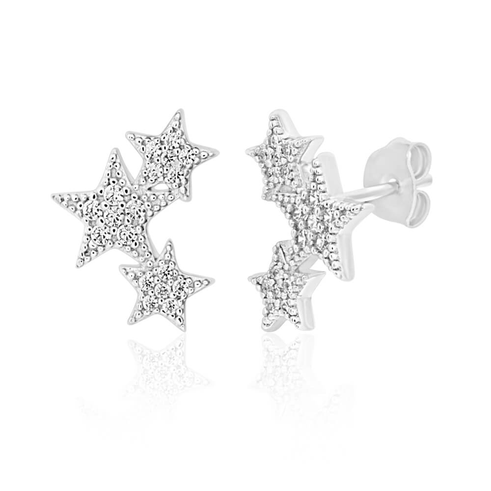 Sterling Silver Rhodium Plated Cubic Zirconia Triple Stars Stud Earrings