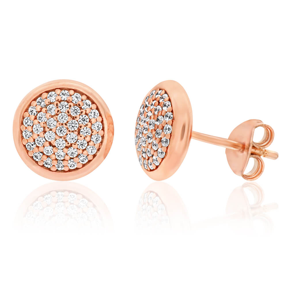Gold Plated Sterling Silver Cubic Zirconia Pave Round Stud Earrings