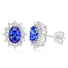 Load image into Gallery viewer, Sterling Silver Cubic Zirconia Blue Cluster Halo Stud Earrings