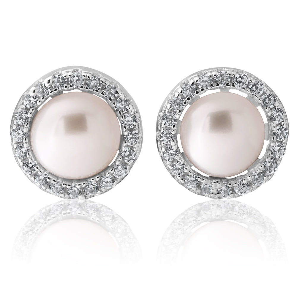 Sterling Silver Cubic Zirconia Pearl Halo Stud Earrings