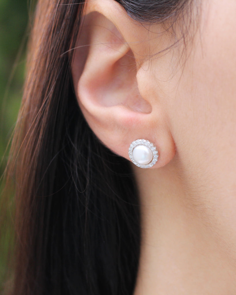 Sterling Silver Cubic Zirconia + Pearl Halo Stud Earrings