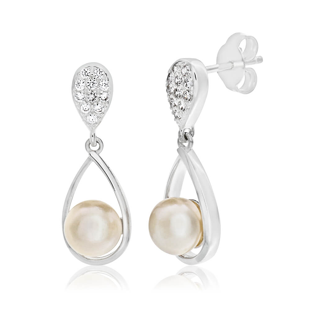 Sterling Silver Cubic Zirconia + Pearl Drop Earrings