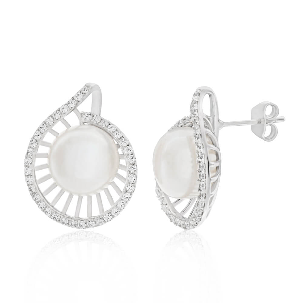 Sterling Silver Freshwater Pearl and Cubic Zirconia Fancy Spiral Stud Earrings