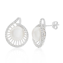 Load image into Gallery viewer, Sterling Silver Freshwater Pearl and Cubic Zirconia Fancy Spiral Stud Earrings