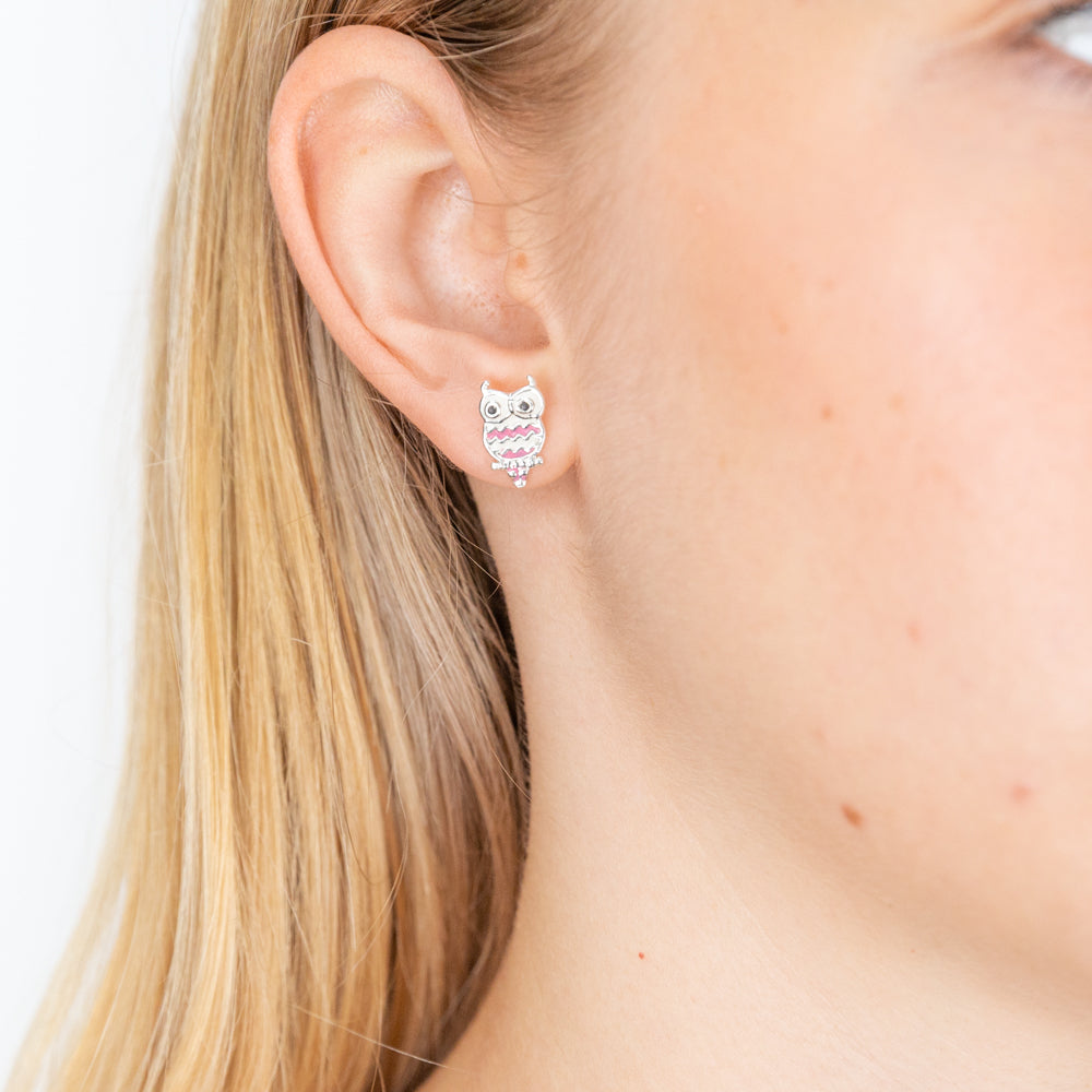 Sterling Silver Owl Pink Stud Earrings