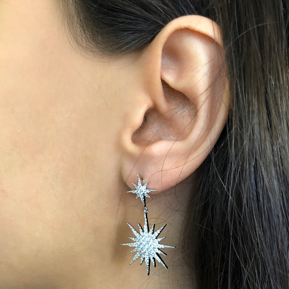 Sterling Silver Rhodium Plated Starburst Cubic Zirconia Drop Earrings
