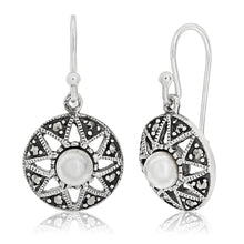 Load image into Gallery viewer, Sterling Silver Round Marcasite + Pearl Earrings