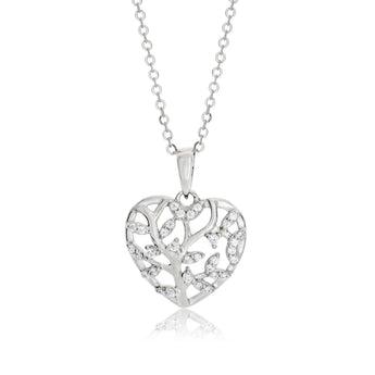 Sterling Silver Rhodium Plated Cubic Zirconia Tree of Life  Haert Pendant With 40 + 5cm Chain