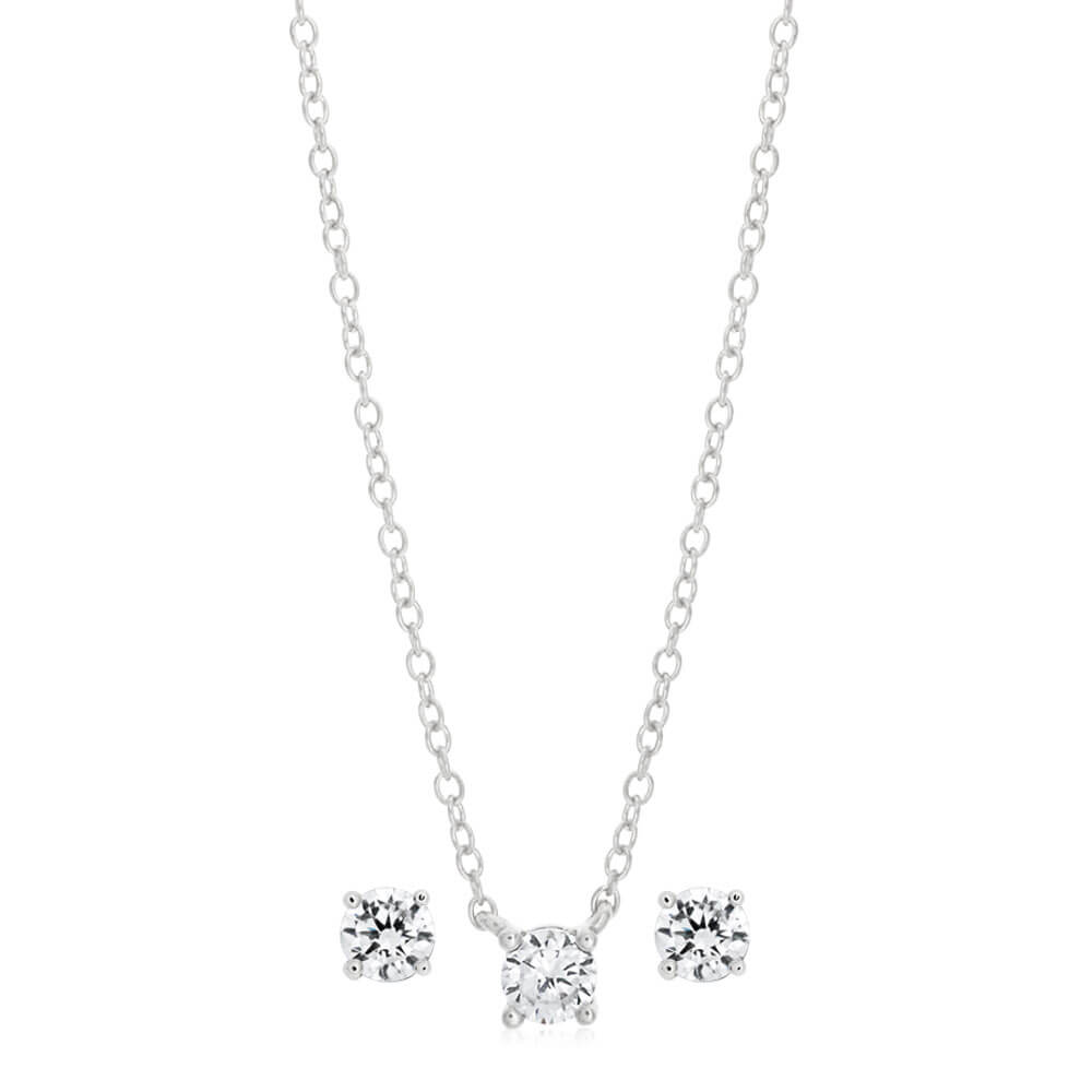 Sterling Silver Rhodium Plated 4mm Cubic Zirconia Studs and Pendant on 45cm Chain