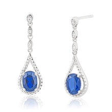 Load image into Gallery viewer, Sterling Silver Rhodium Plated Created Sapphire and Zirconia Drop Earrings