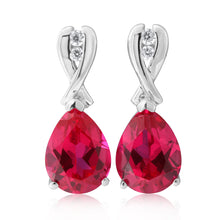 Load image into Gallery viewer, Sterling Silver Rhodium Plated Created Ruby and Cubic Zirconia Drop Earrings