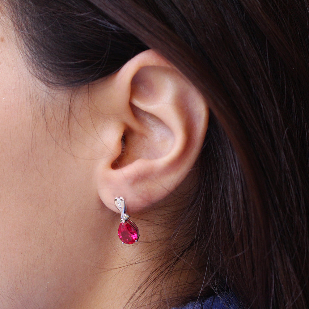 Sterling Silver Rhodium Plated Created Ruby and Cubic Zirconia Drop Earrings