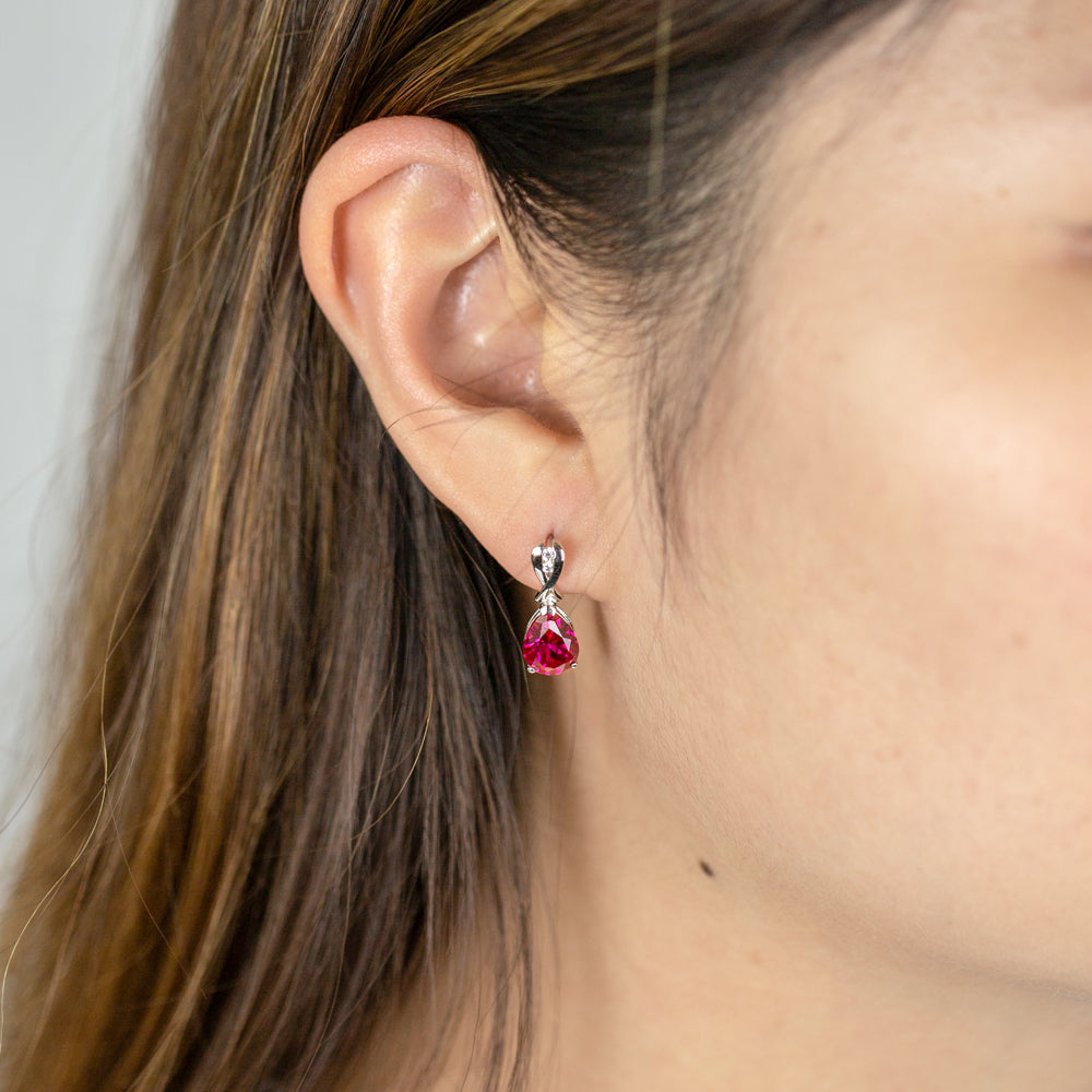 Sterling Silver Rhodium Plated Created Ruby and Cubic Zirconia Drop Earrings