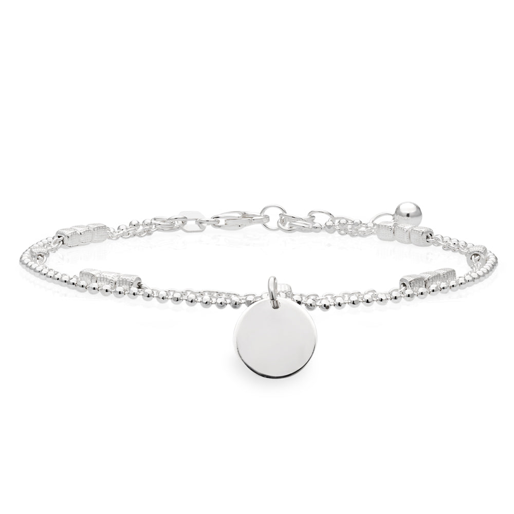 Sterling Silver Fancy Double Strand Bracelet with disc charm 20cm