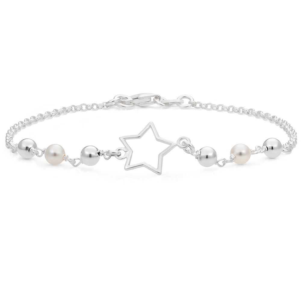 Sterling Silver Star and Simulated Pearl Fancy Bracelet 19cm