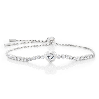 Sterling Silver Rhodium Plated Zirconia Heart Adjustable Bracelet