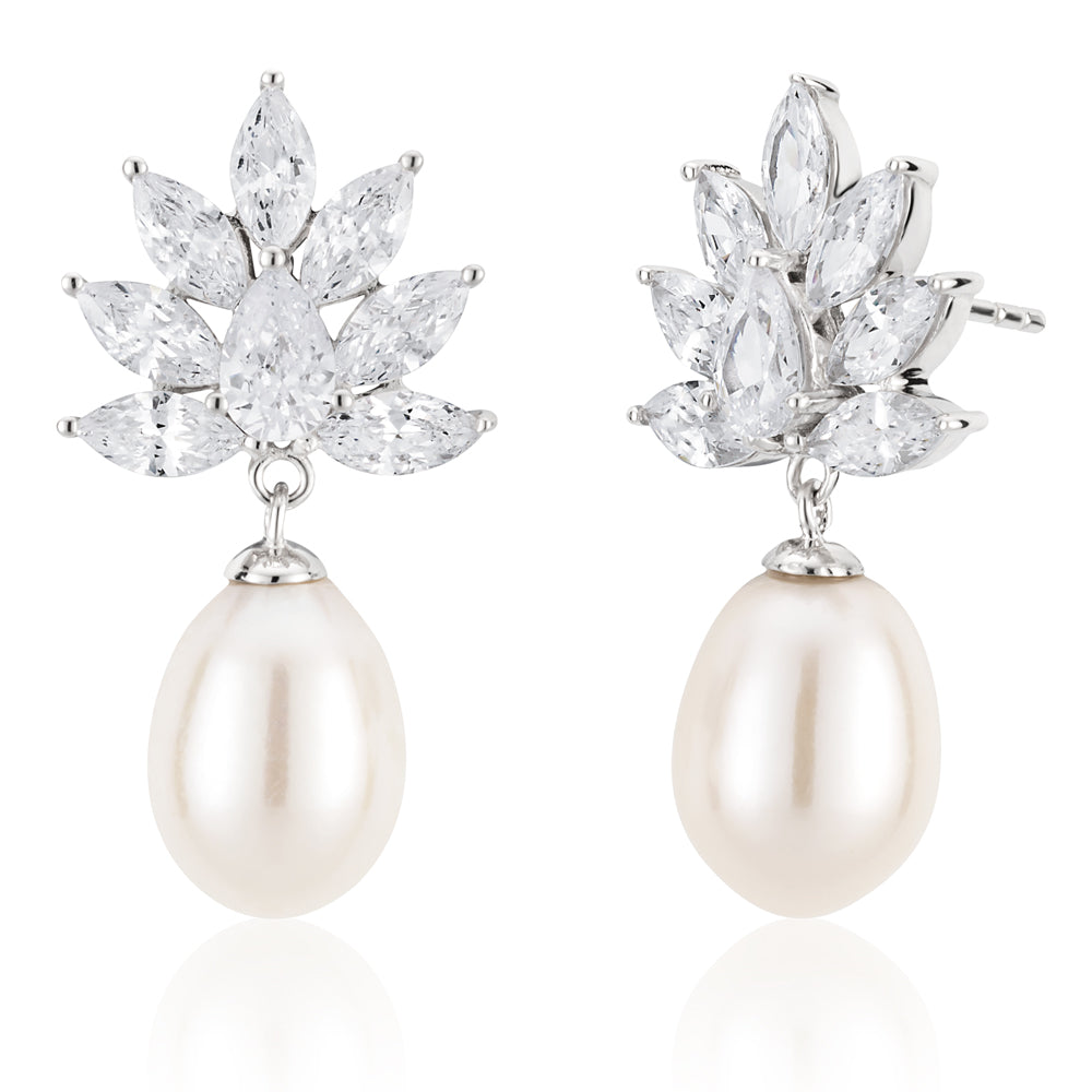 Sterling Silver Rhodium Plated Freshwater Pearl and Zirconia Earrings