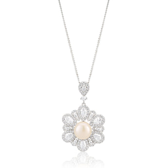 Sterling Silver Rhodium Plated Freshwater Pearl and Zirconia Pendant
