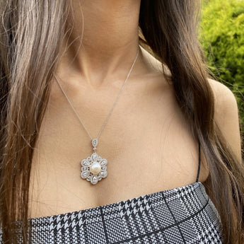 Sterling Silver Rhodium Plated Freshwater Pearl and Zirconia Pendant