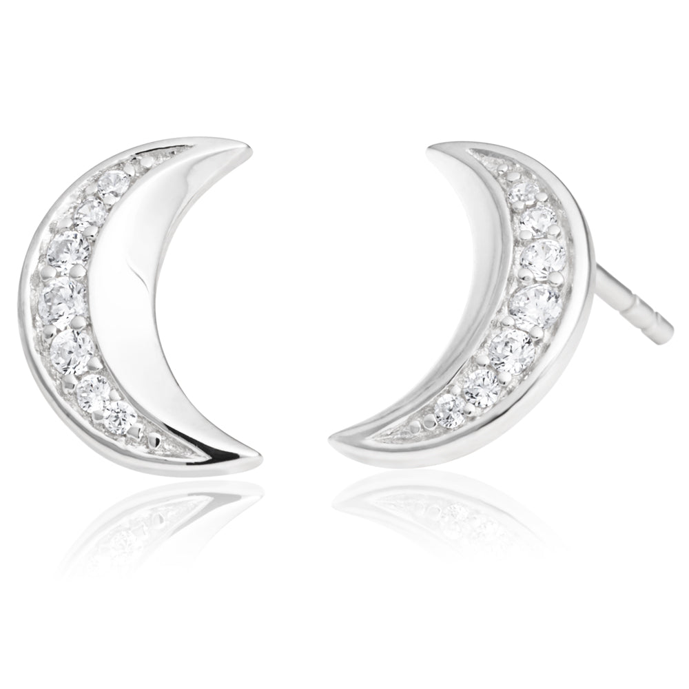 Sterling Silver Rhodium Plated Zirconia Crescent Stud Earrings