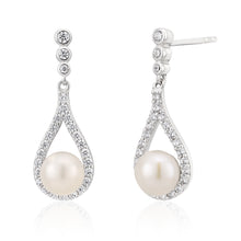 Load image into Gallery viewer, Sterling Silver Rhodium Plated Freshwater Pearl and Zirconia Teardrop Earrings