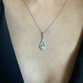 Sterling Silver Rhodium Plated Freshwater Pearl and Zirconia Teardrop Pendant
