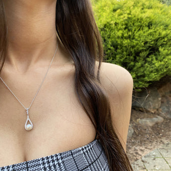Sterling Silver Rhodium Plated Freshwater Pearl and Zirconia Teardrop Pendant