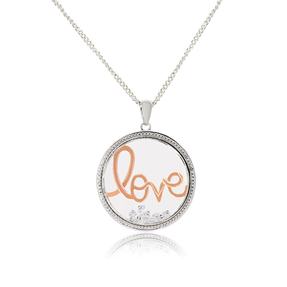 Sterling Silver Cubic Zirconia Rose Gold Plated "Love" Floating Pendant