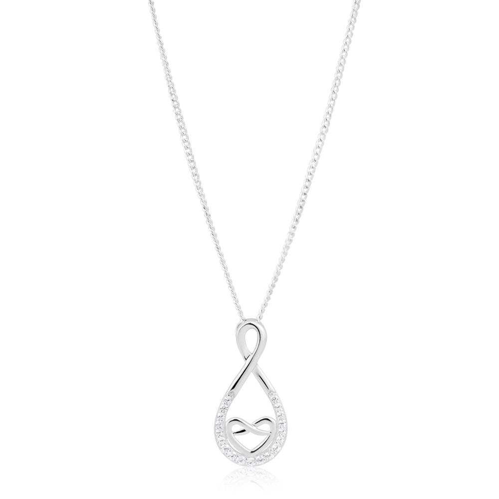 Sterling Silver Rhodium Plated Cubic Zirconia Heart & Infinity Pendant