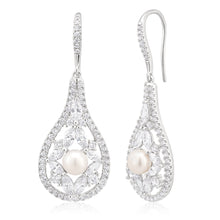 Load image into Gallery viewer, Sterling Silver Rhodium Plate Freshwater Pearl and Zirconia Fancy Drop Earrings