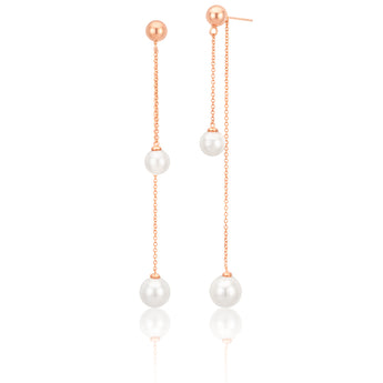Sterling Silver Rose Gold Plated Simulated Pearl Chain Drop Earrings