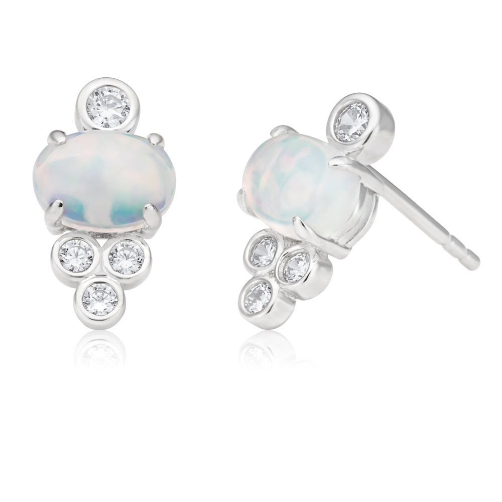 Created Opal and Zirconia Sterling Silver and Rhodium Studs