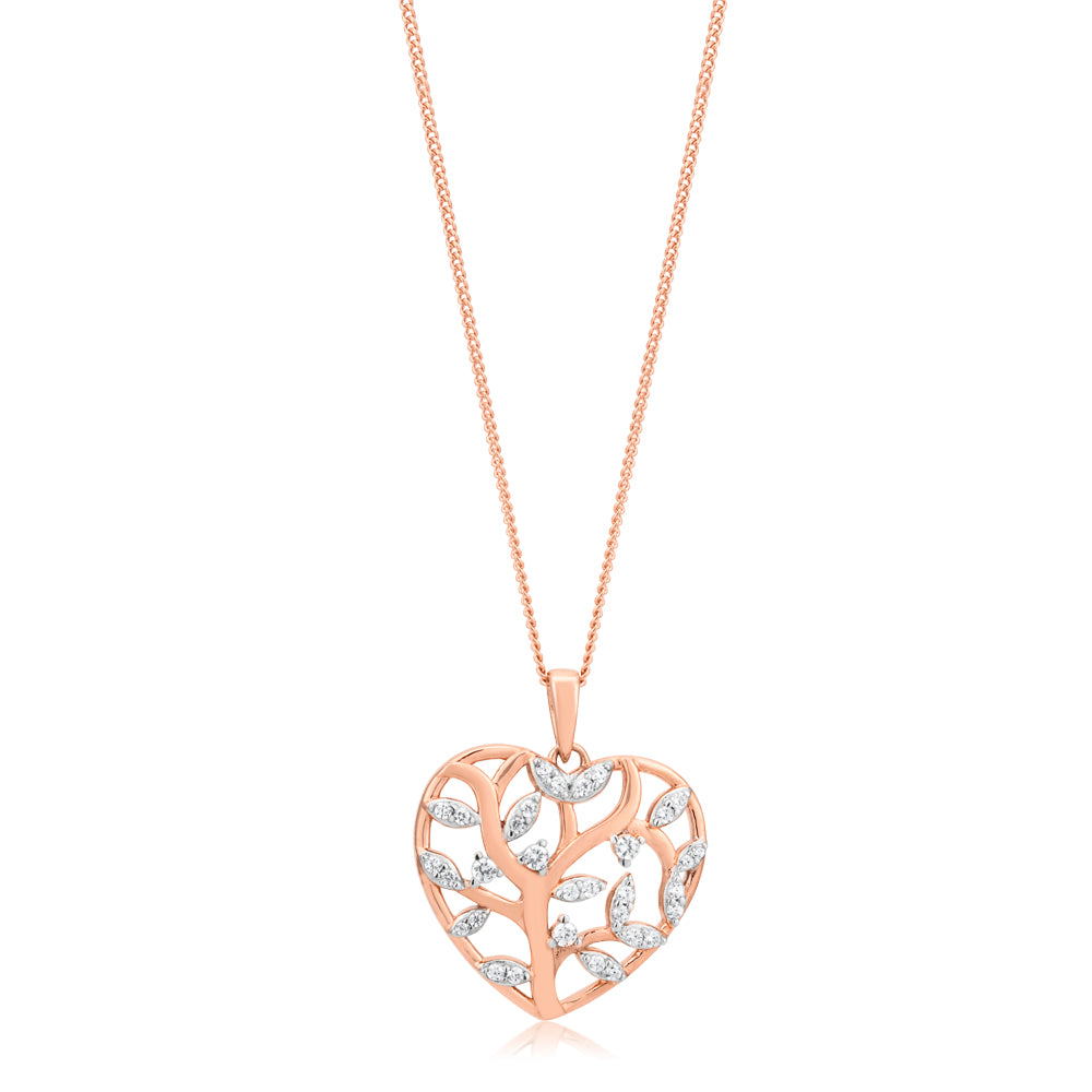 Sterling Silver and Rose Gold Plate Zirconia Tree of Life Heart Pendant