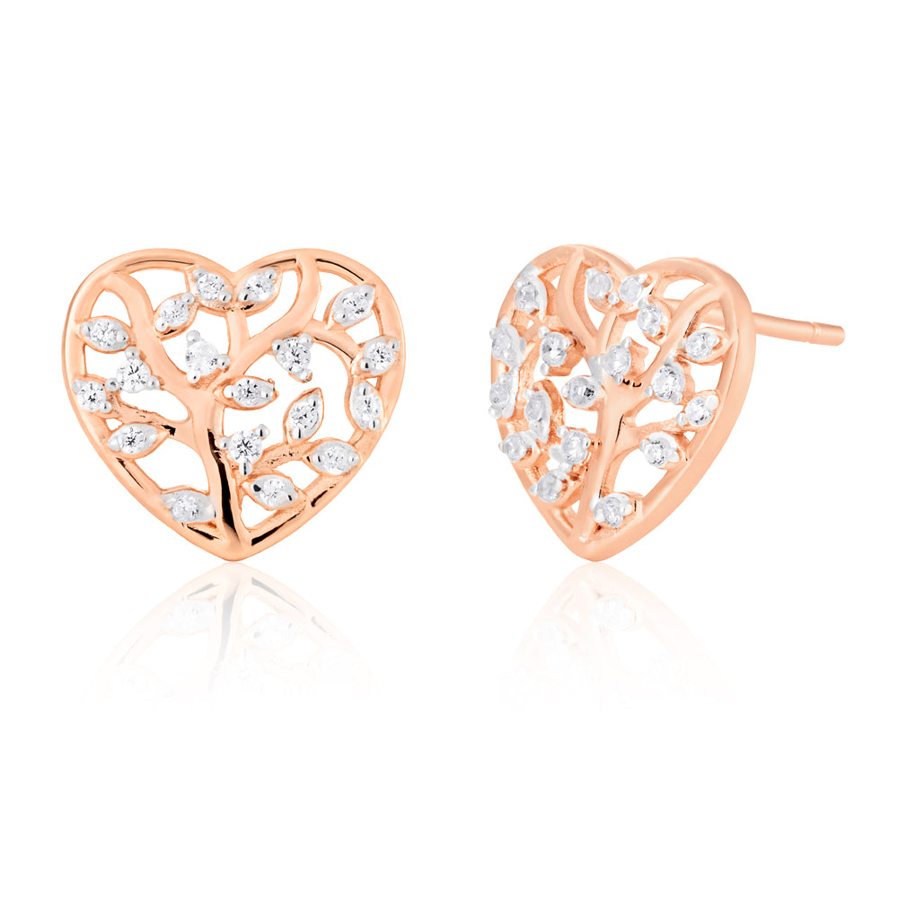 Sterling Silver with Rose Gold Plated Zirconia Tree Of Life Heart Stud Earrings