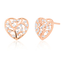 Load image into Gallery viewer, Sterling Silver with Rose Gold Plated Zirconia Tree Of Life Heart Stud Earrings