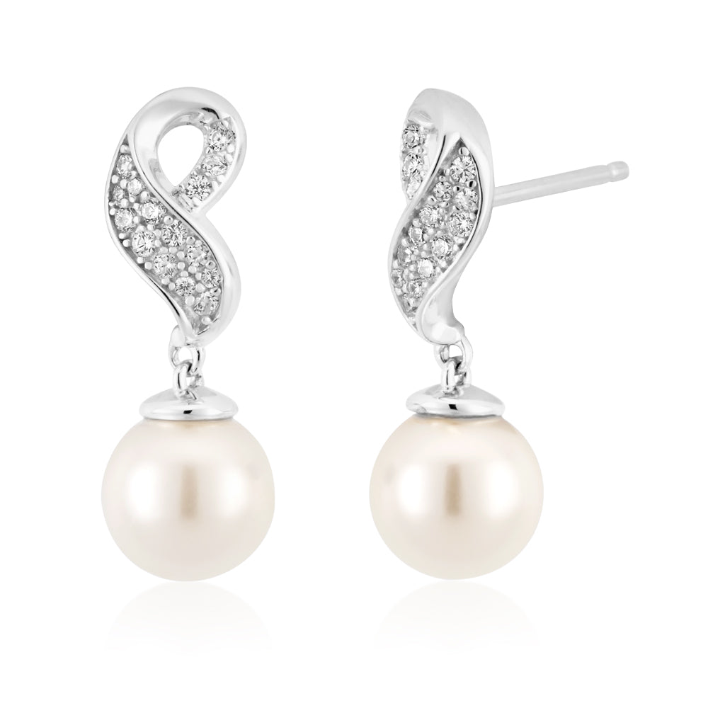 Sterling Silver Shell Pearl and Zirconia Drop Earrings