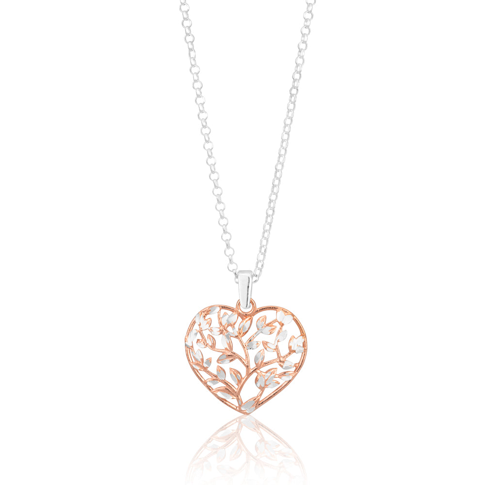Sterling Silver Rose Plated 2 Tone Dicut Heart Pendant on 42cm Chain
