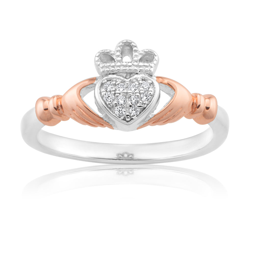 Sterling Silver and Rose Gold Plated Zirconia Claddagh Ring